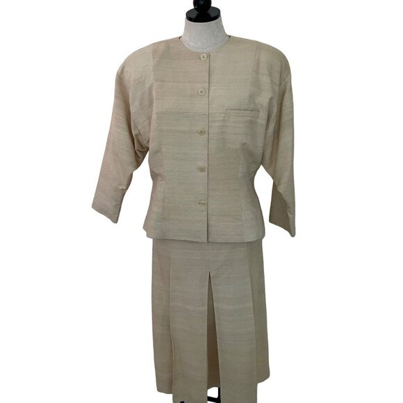 Eveca Vintage Womens Jacket And Skirt Suit Size Large Cream Raw Silk Made In USA - Picture 1 of 12